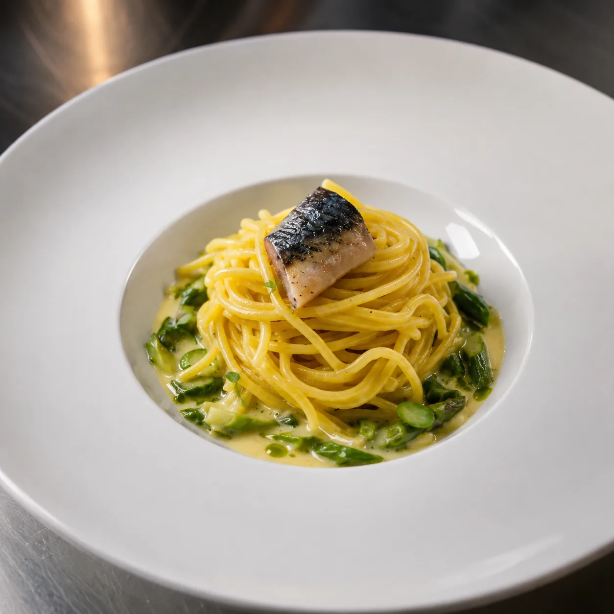 Spaghetti with mackerel and green asparagus