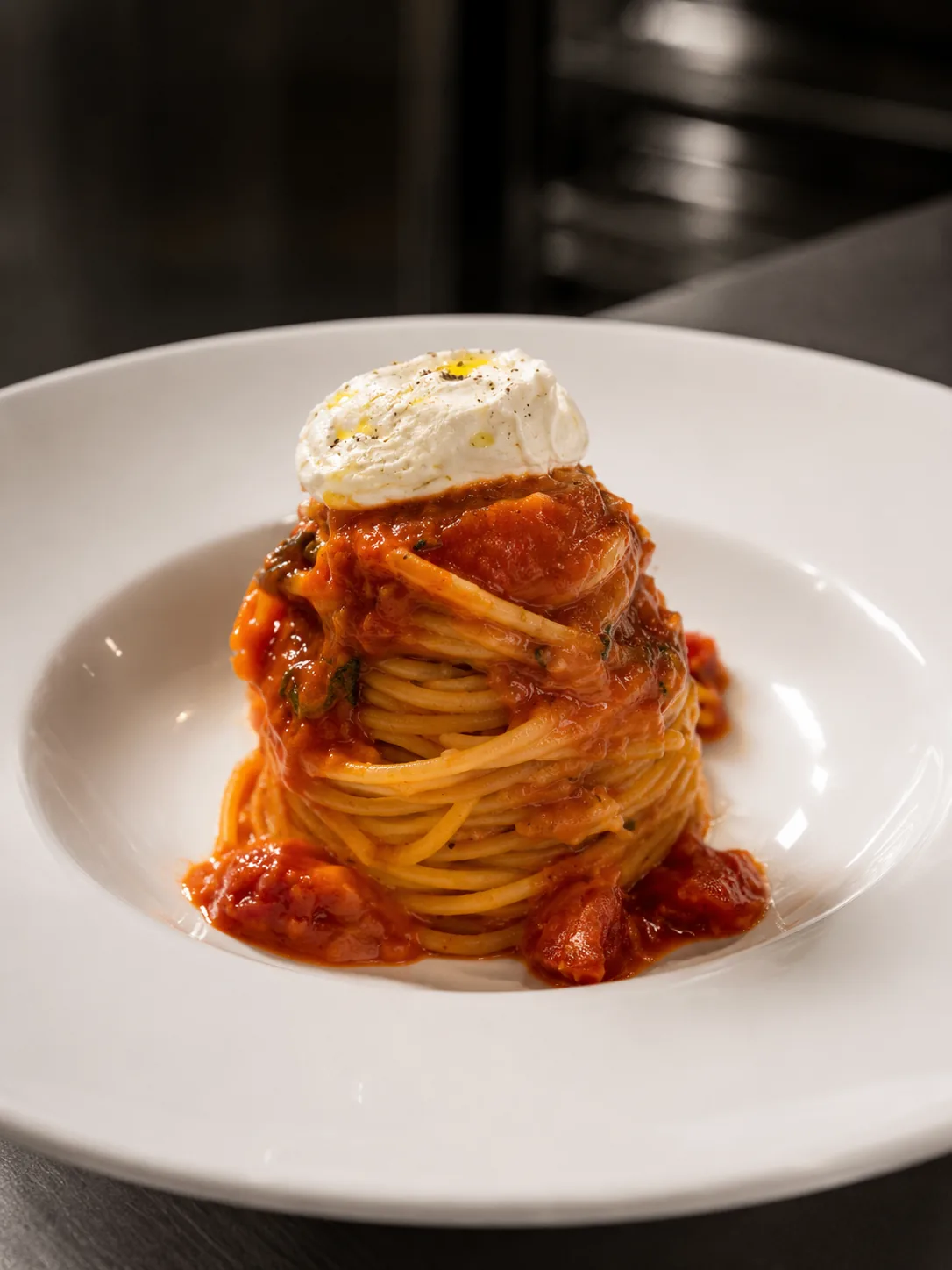 Spaghetti al pomodoro topped with fresh burrata