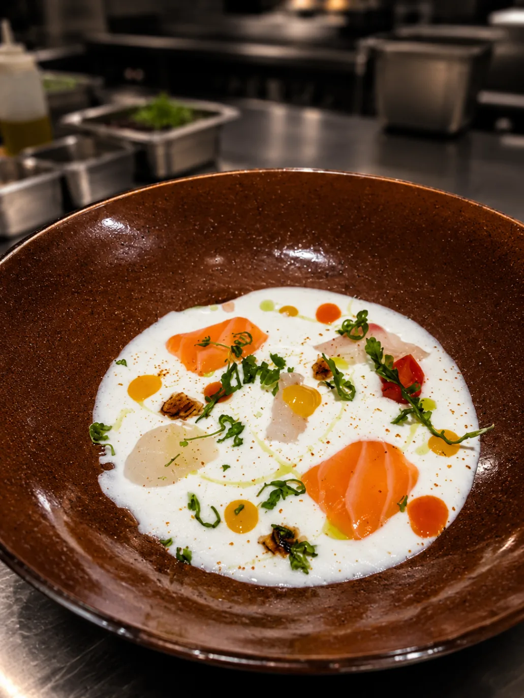 Salmon and sea bass crudo in coconut foam with chili oil