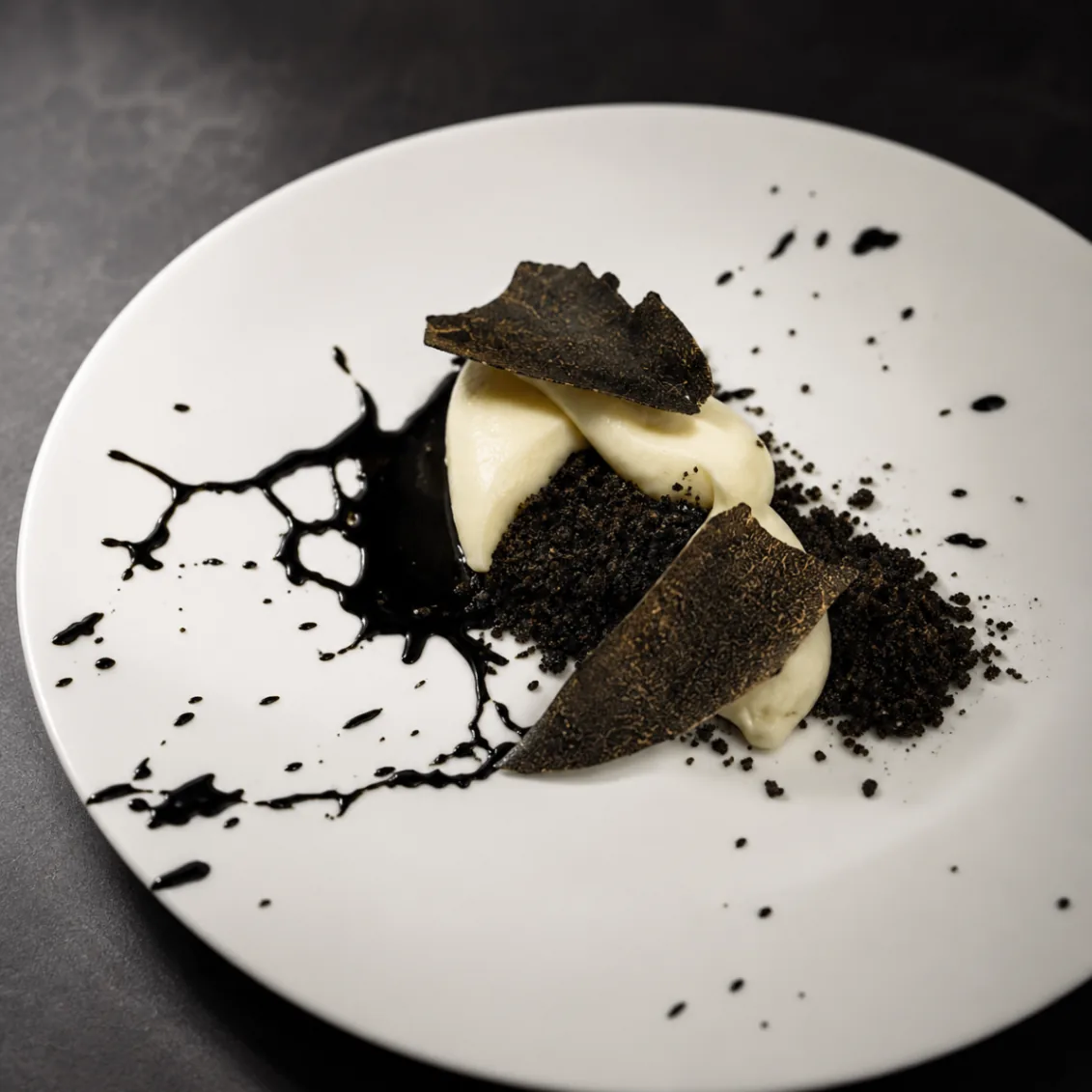 Potato cream with black truffle shavings and squid ink splash