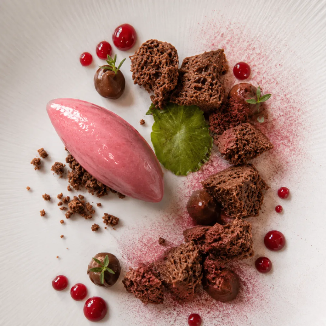 Chocolate dessert with berry sorbet and red fruit coulis