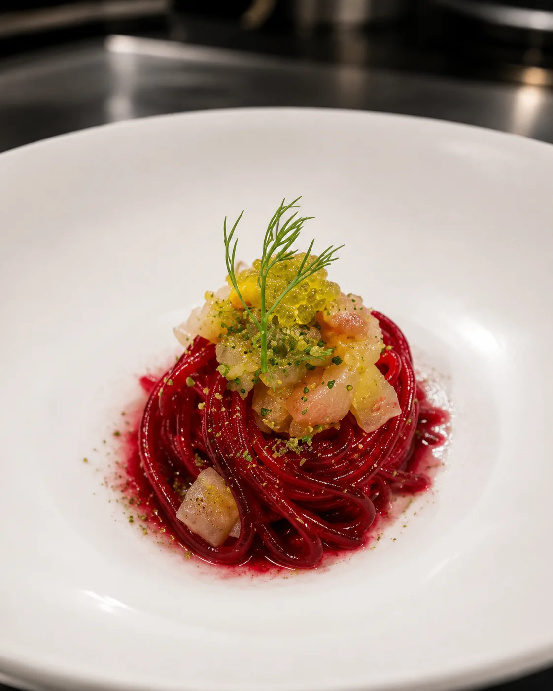 Beetroot spaghetti with citrus tartare and trout roe
