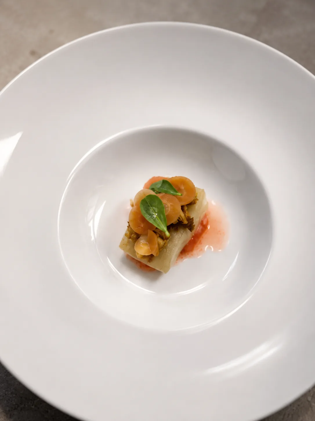 Single pasta parcel with delicate carrot rounds and micro herbs