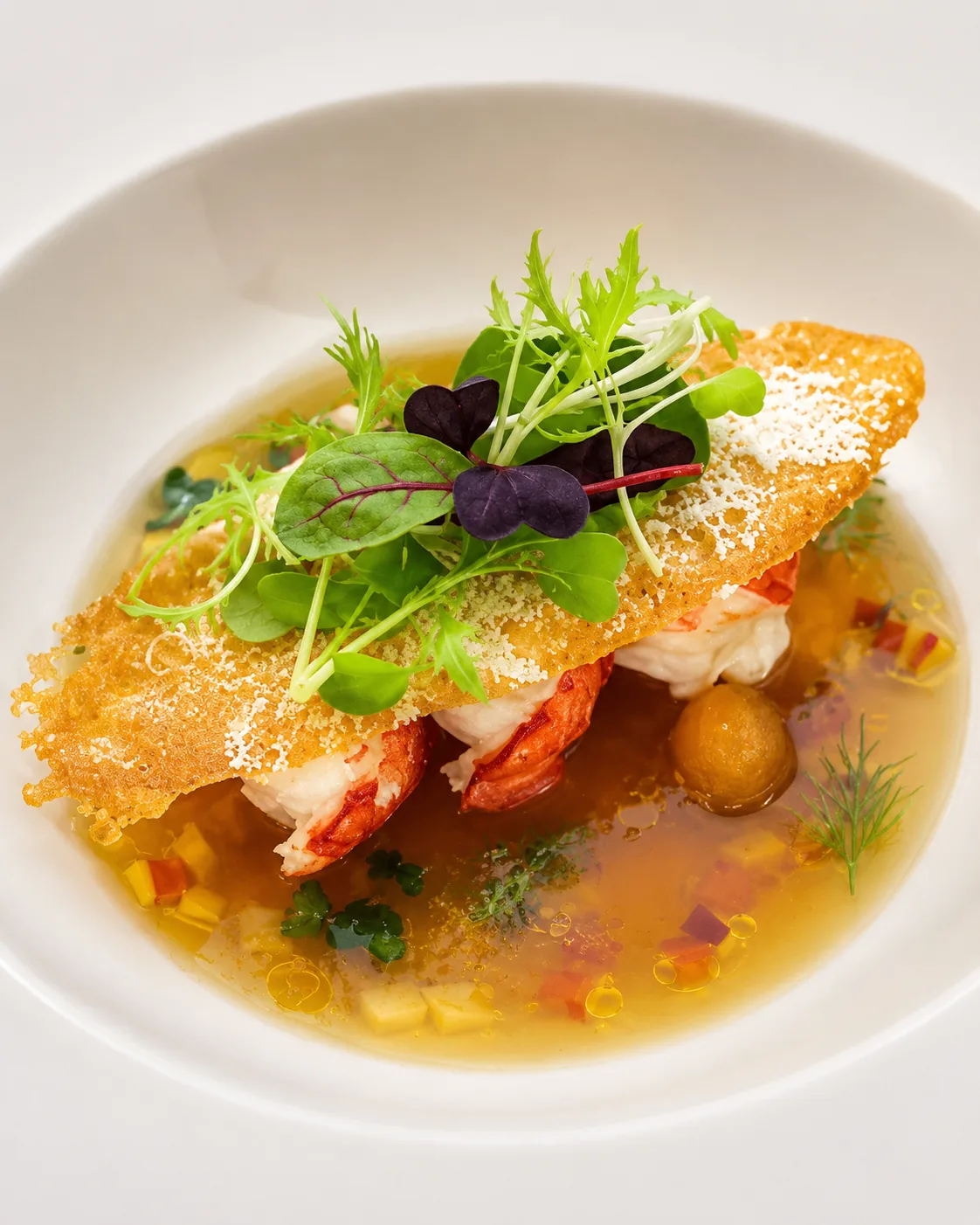 Lobster medallions beneath parmesan crisp in clear broth