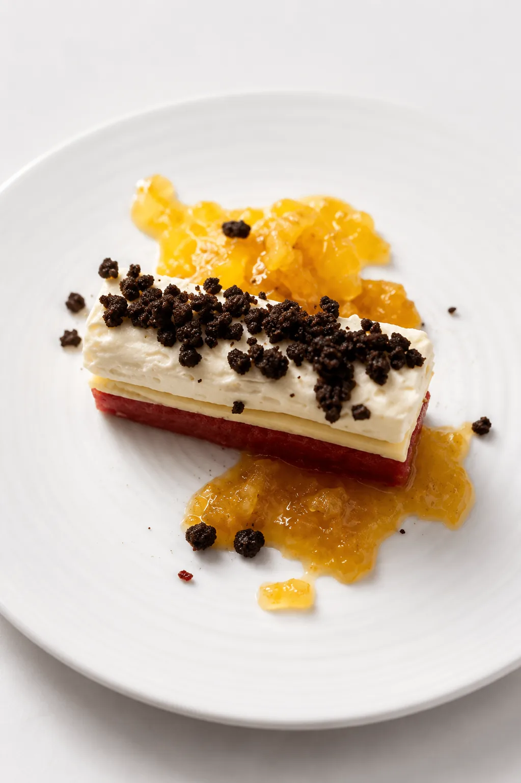 Watermelon and cream terrine with pineapple and cocoa crumble