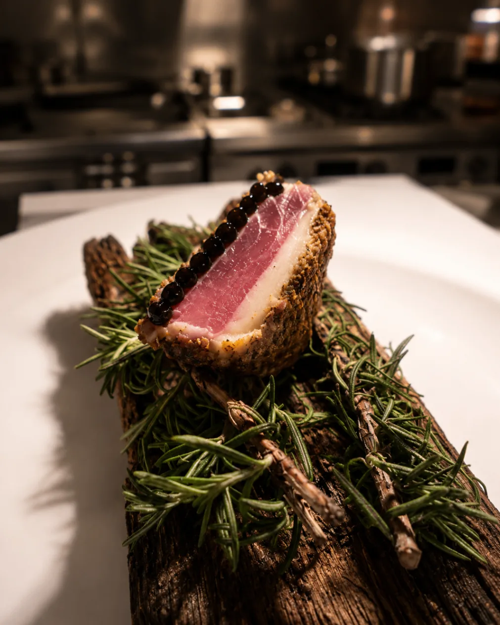 Seared tuna on rosemary wood with glossy pearls