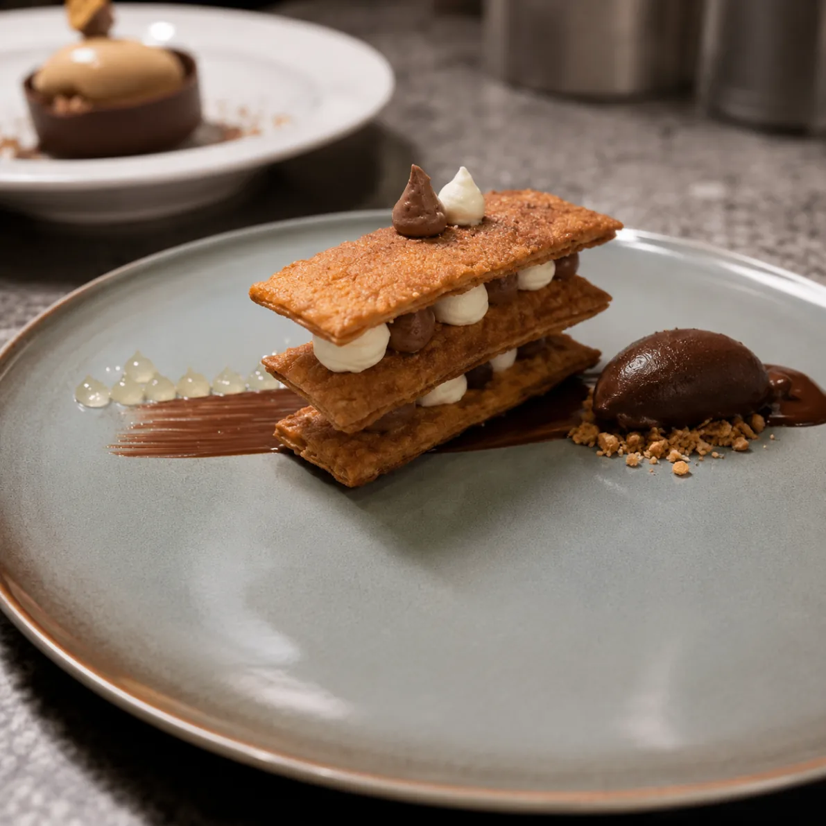 Chocolate mille-feuille with chocolate sorbet and cream
