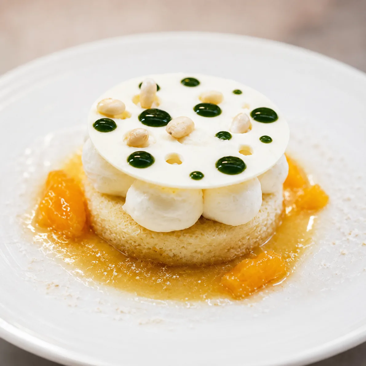 Vanilla cream mille-feuille with citrus and basil pearls