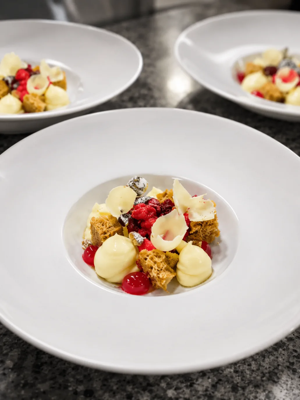 Berry dessert with sponge cubes and vanilla cream