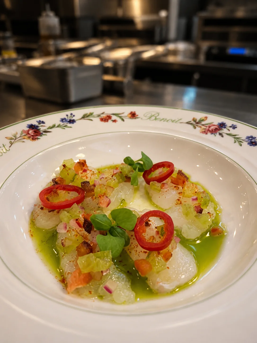Sea bass crudo with chili, red onion, and basil oil