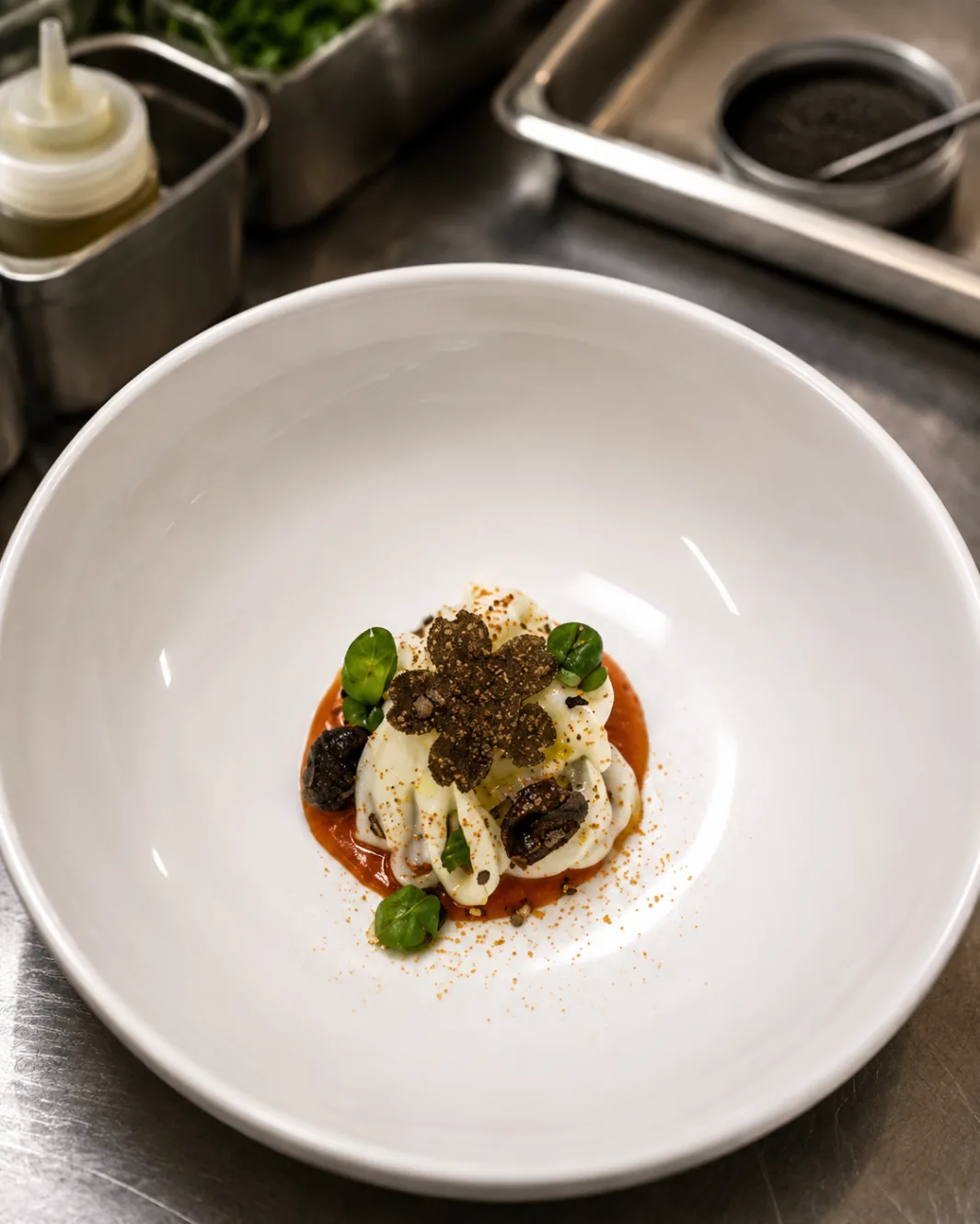Burrata-style pasta nest with black truffle and tomato sauce