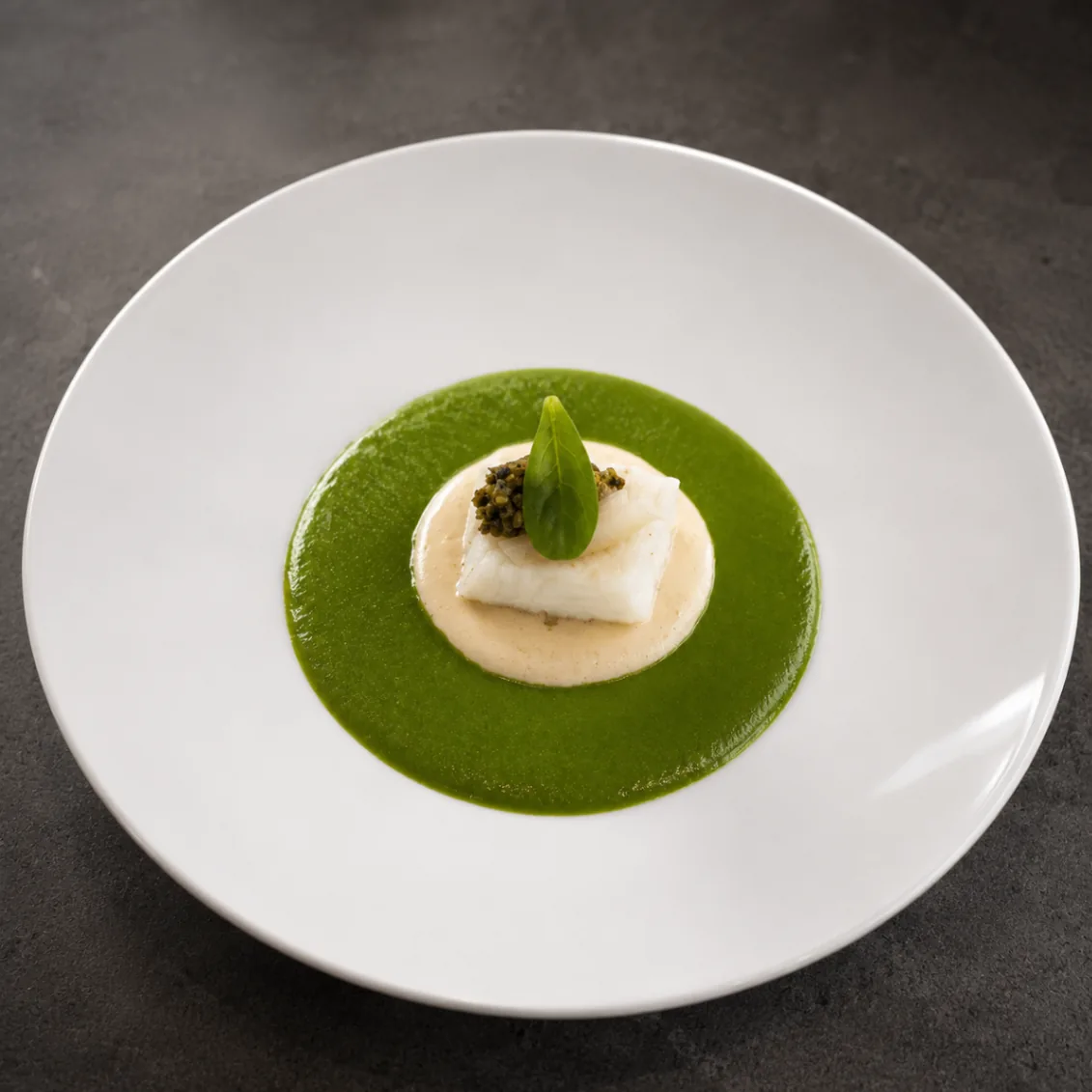 Cod with caviar over bright herb velouté
