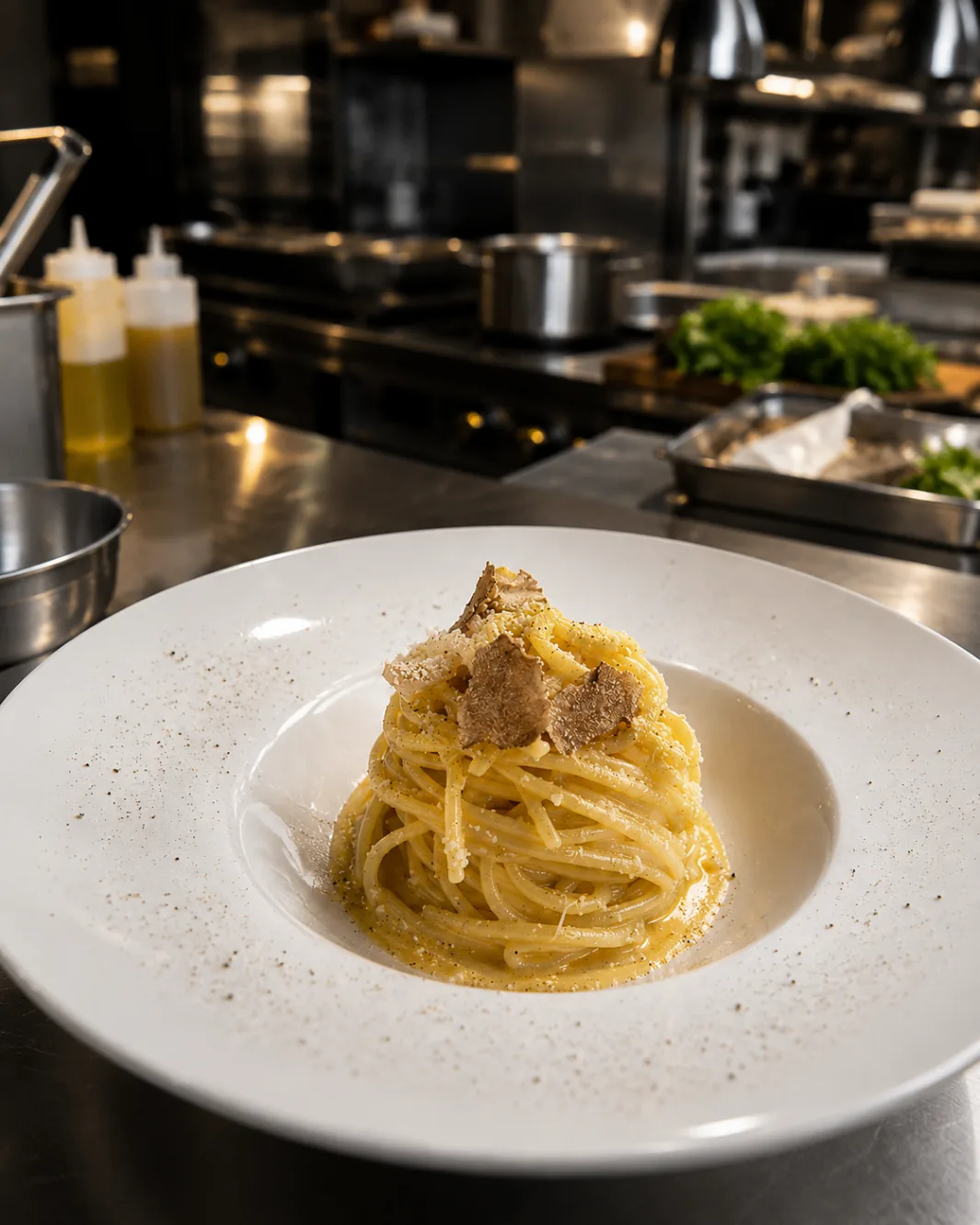 Spaghetti cacio e pepe with black truffle