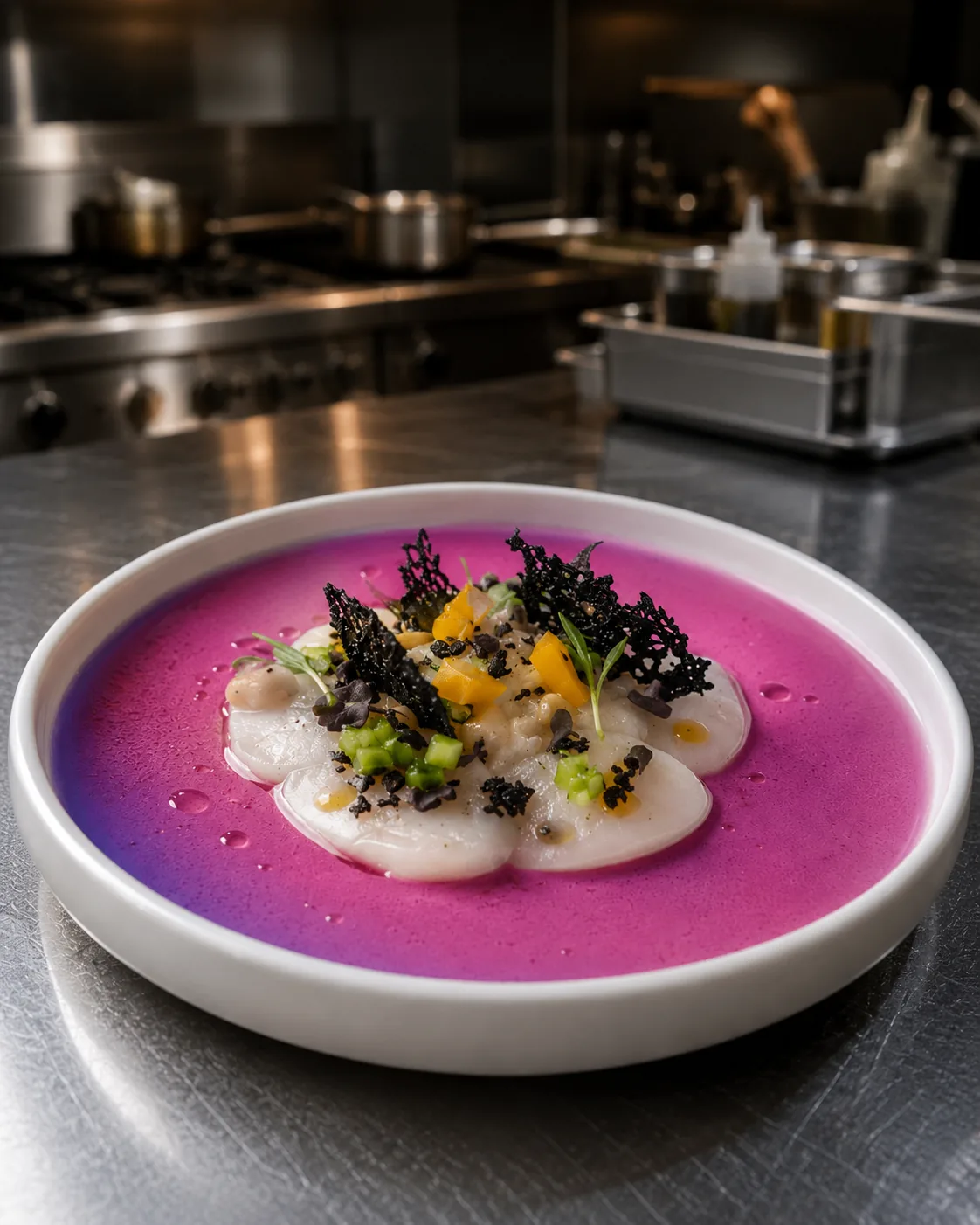Scallop carpaccio in vivid beet consommé with black tuile