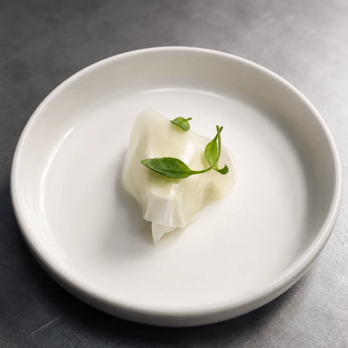 Delicate dumpling with basil leaf on white plate