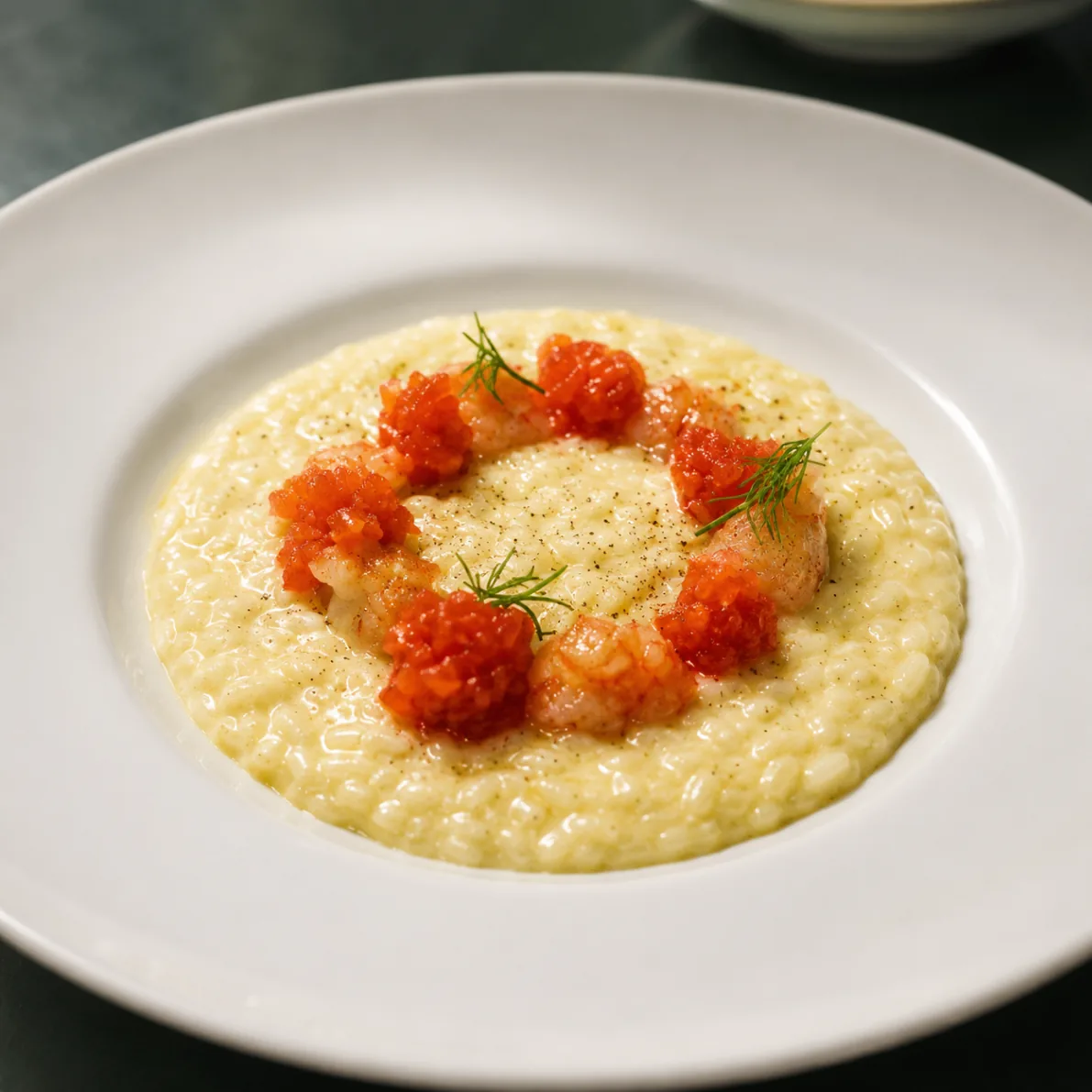 Parmesan risotto topped with red prawns and dill