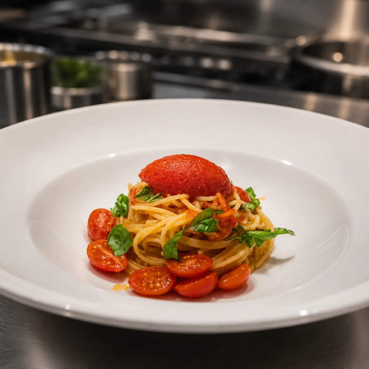 Spaghetti al pomodoro with tomato sorbet and basil