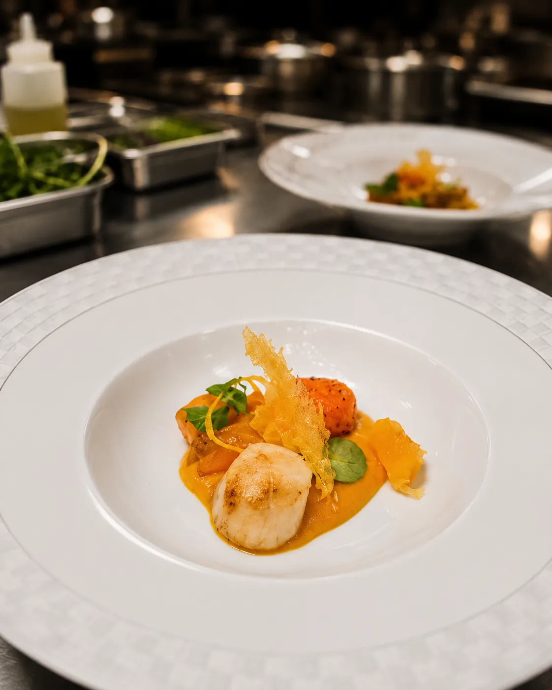 Seared scallop with butternut squash purée and parmesan tuile