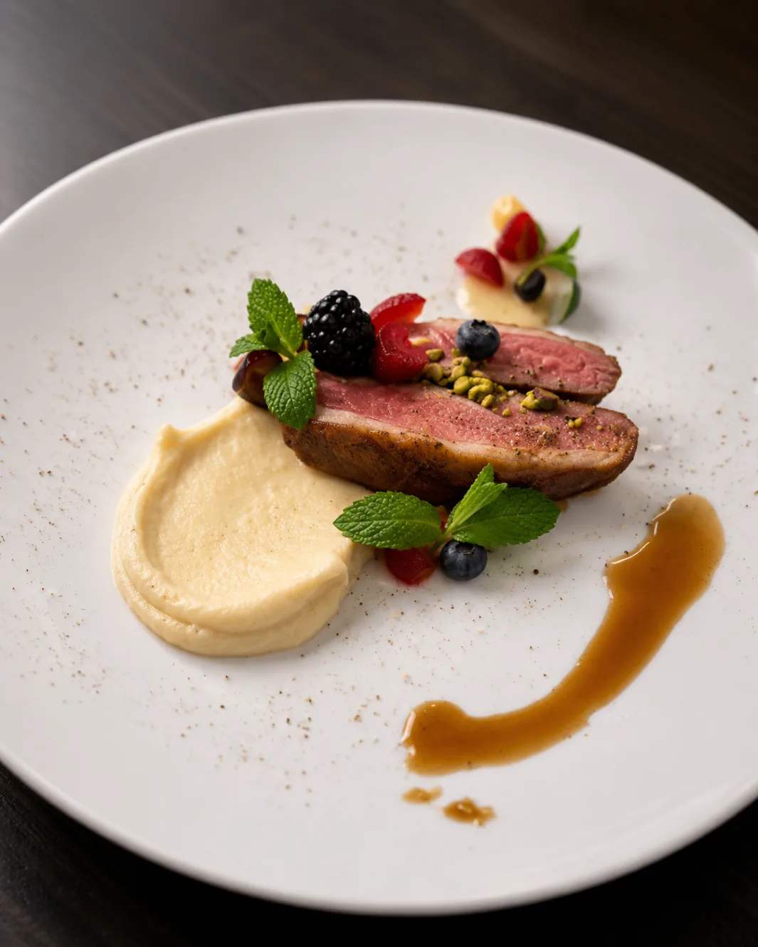 Rare duck breast with celeriac purée and forest berries
