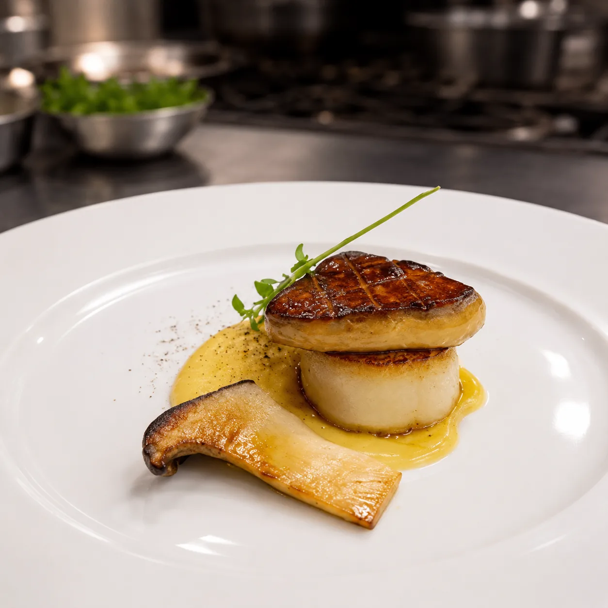 Seared foie gras and scallop with mustard emulsion and king oyster mushroom