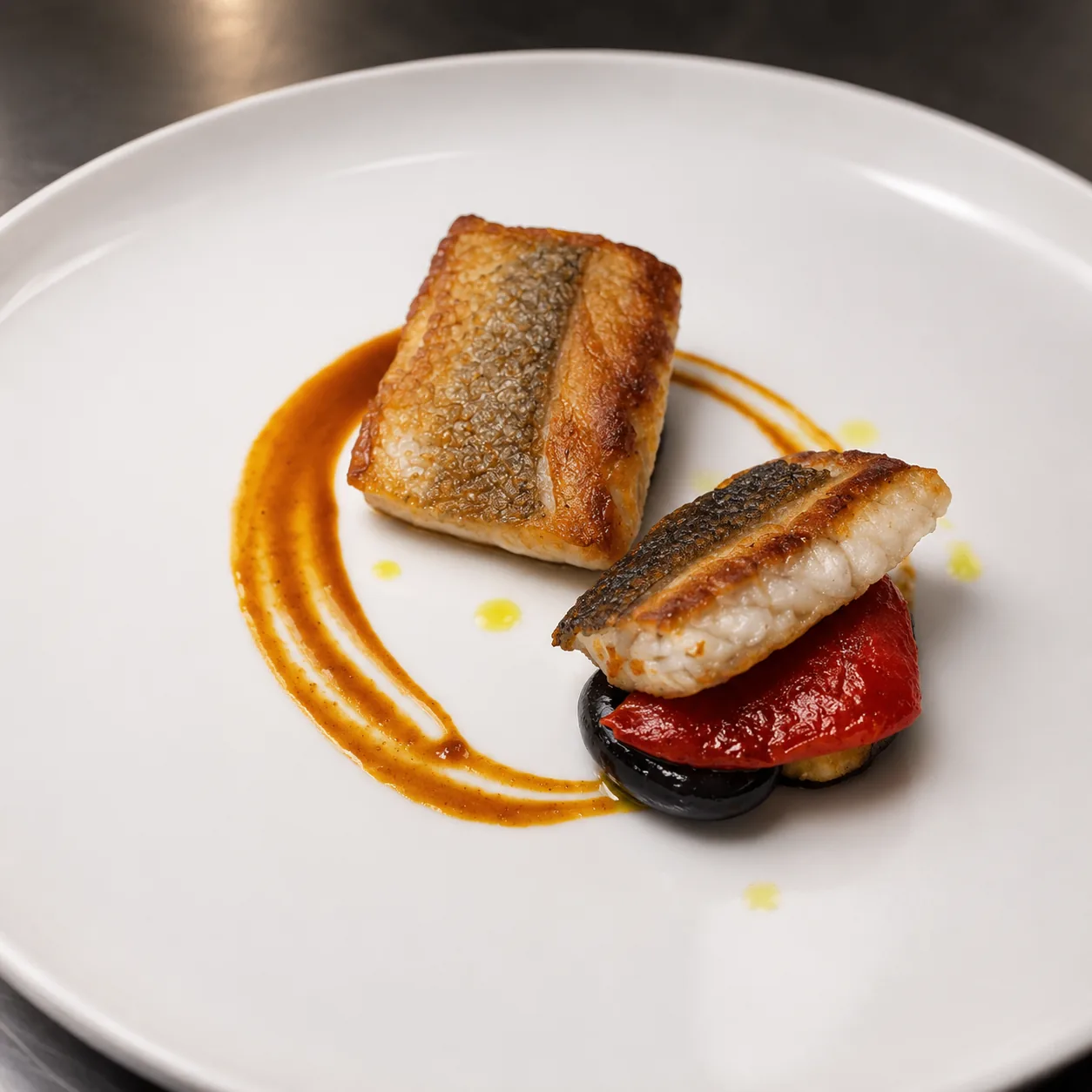 Pan-seared fish with roasted pepper and pesto sauce