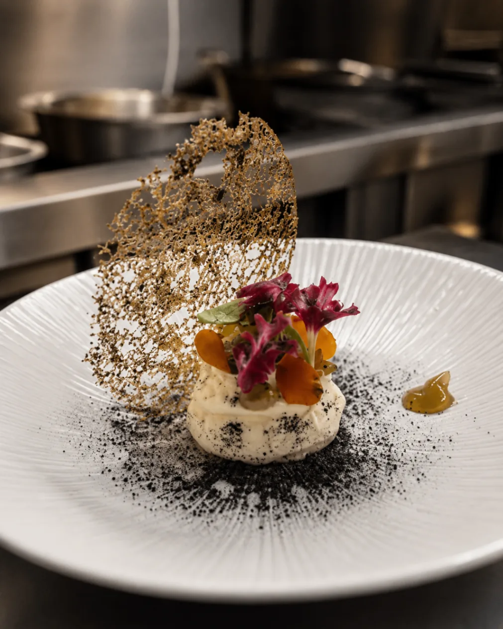 Creamy burrata-style course with lace tuile and edible flowers