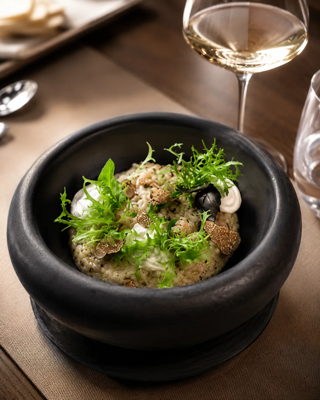 Black bowl risotto with truffle, greens, and cream