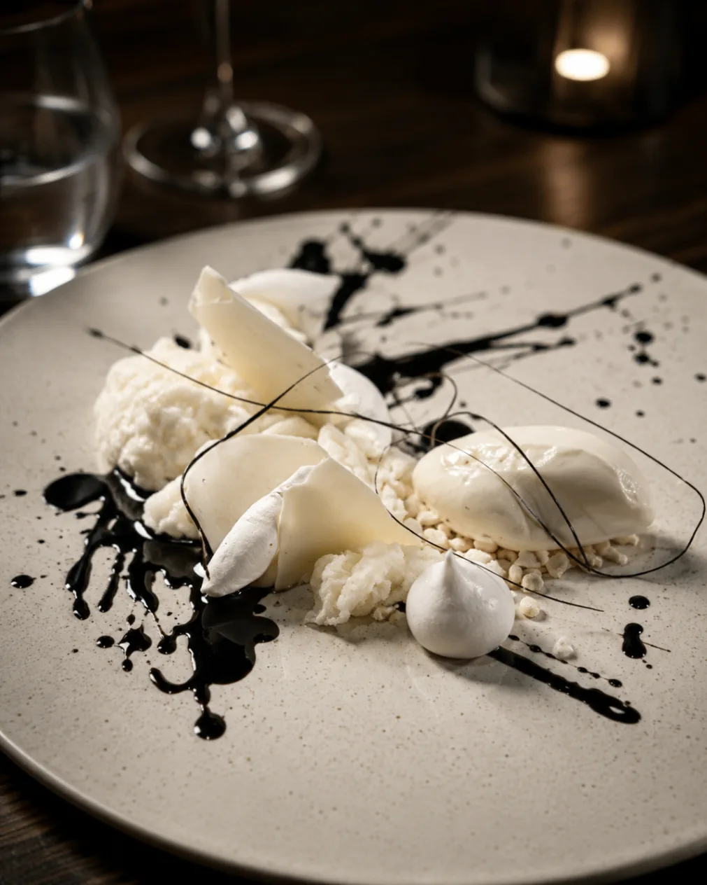 Coconut mousse dessert with squid ink drizzle and meringue