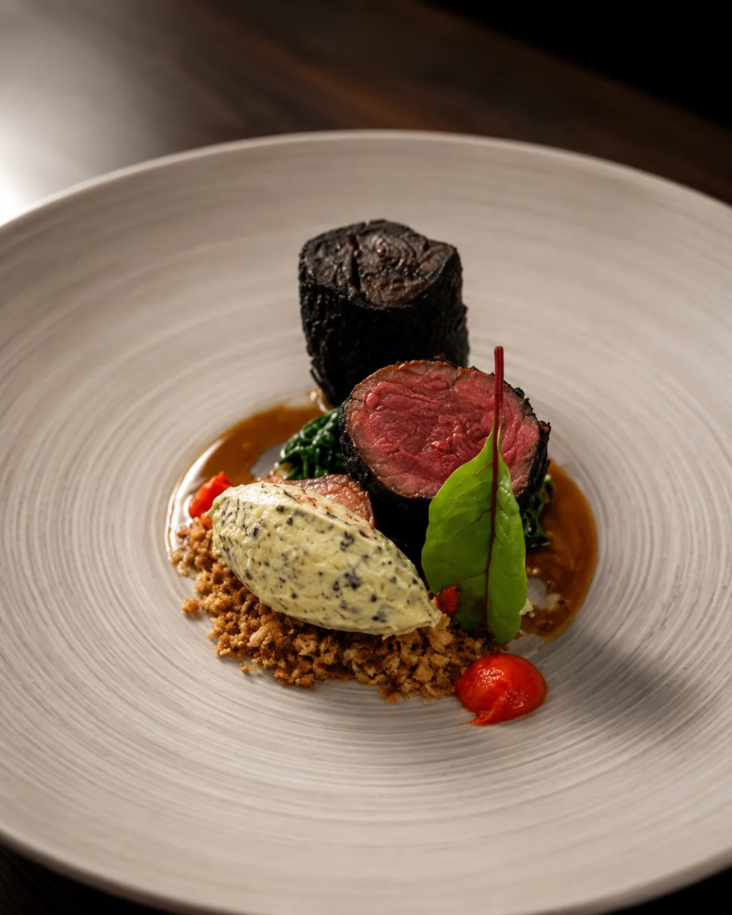Charcoal-crusted beef tenderloin with herb butter quenelle