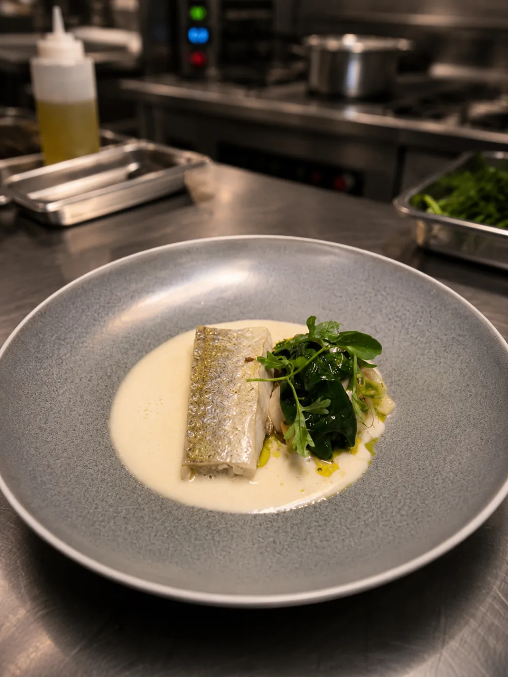 Poached sea bass fillet in creamy velouté with wilted greens