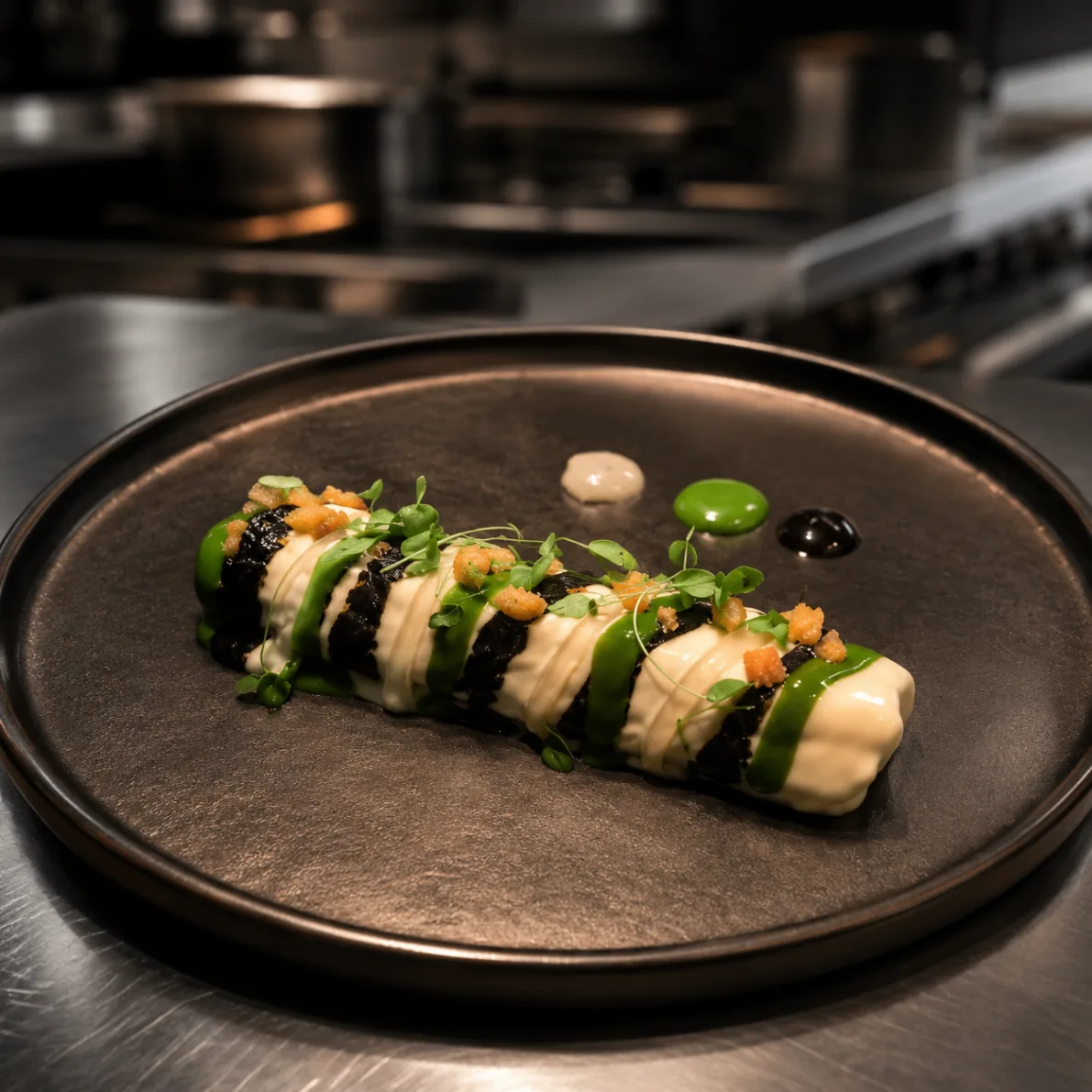Black garlic cannolo with pea cream and microgreens