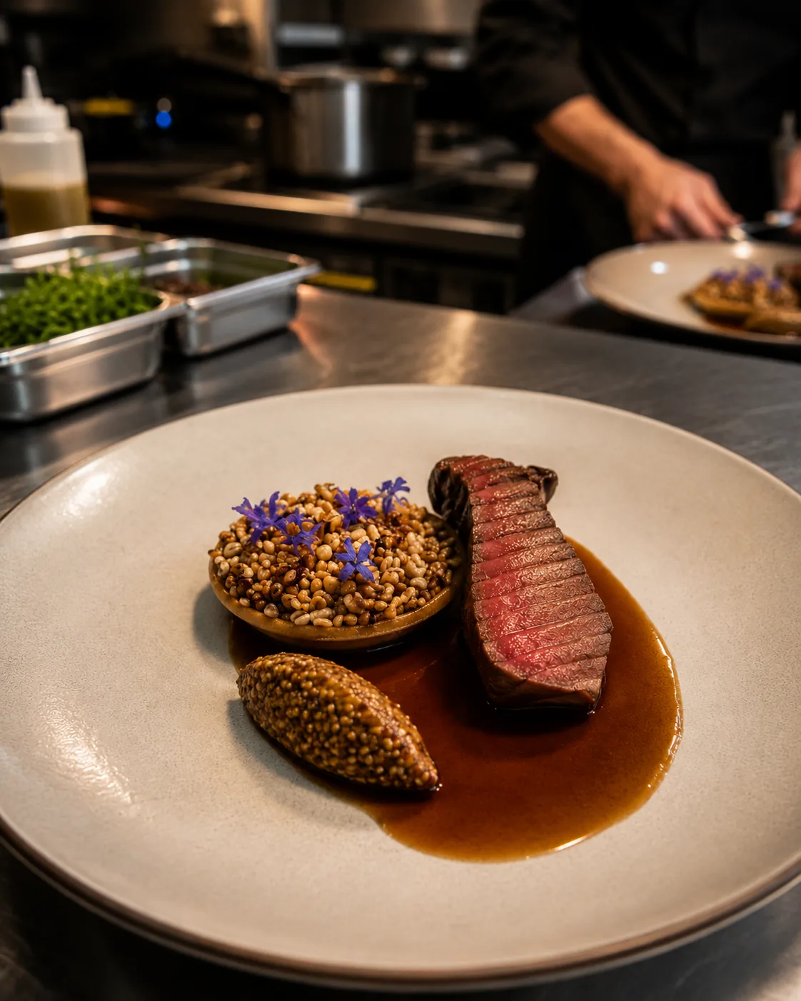 Sliced beef fillet with grains, jus, and edible flowers