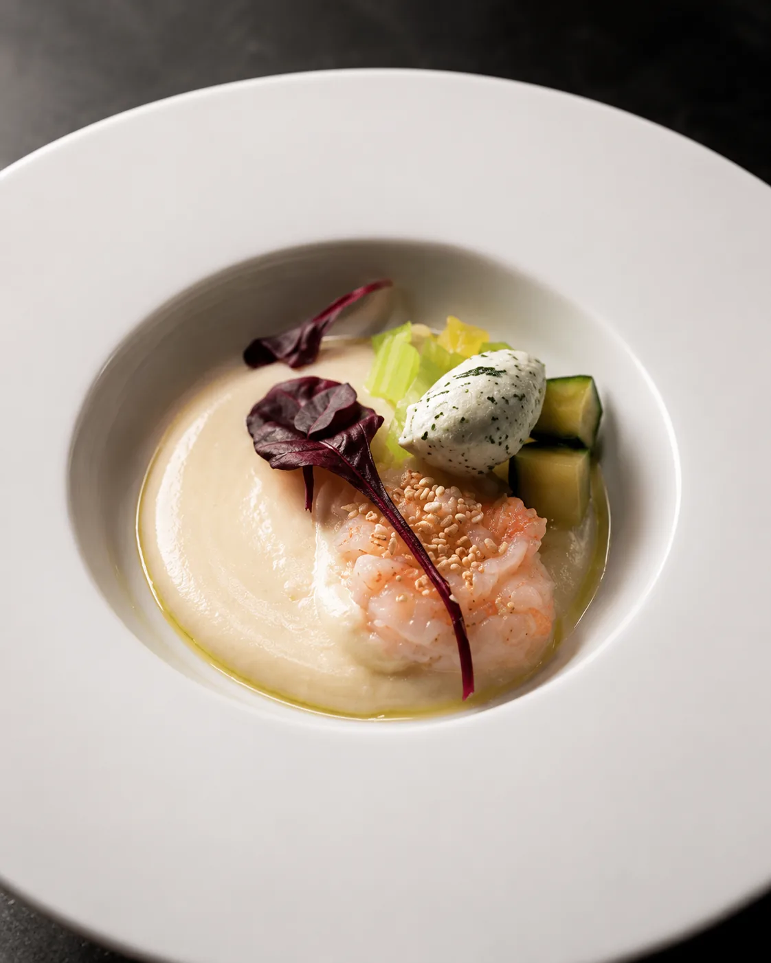 Shrimp with cauliflower cream and herb quenelle