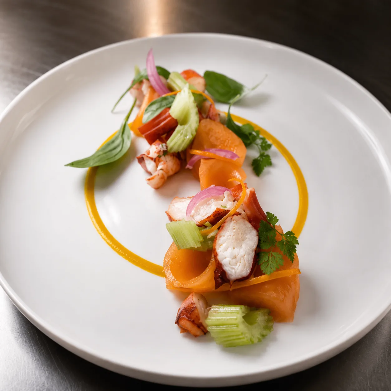 Lobster salad with celery and carrot ribbons