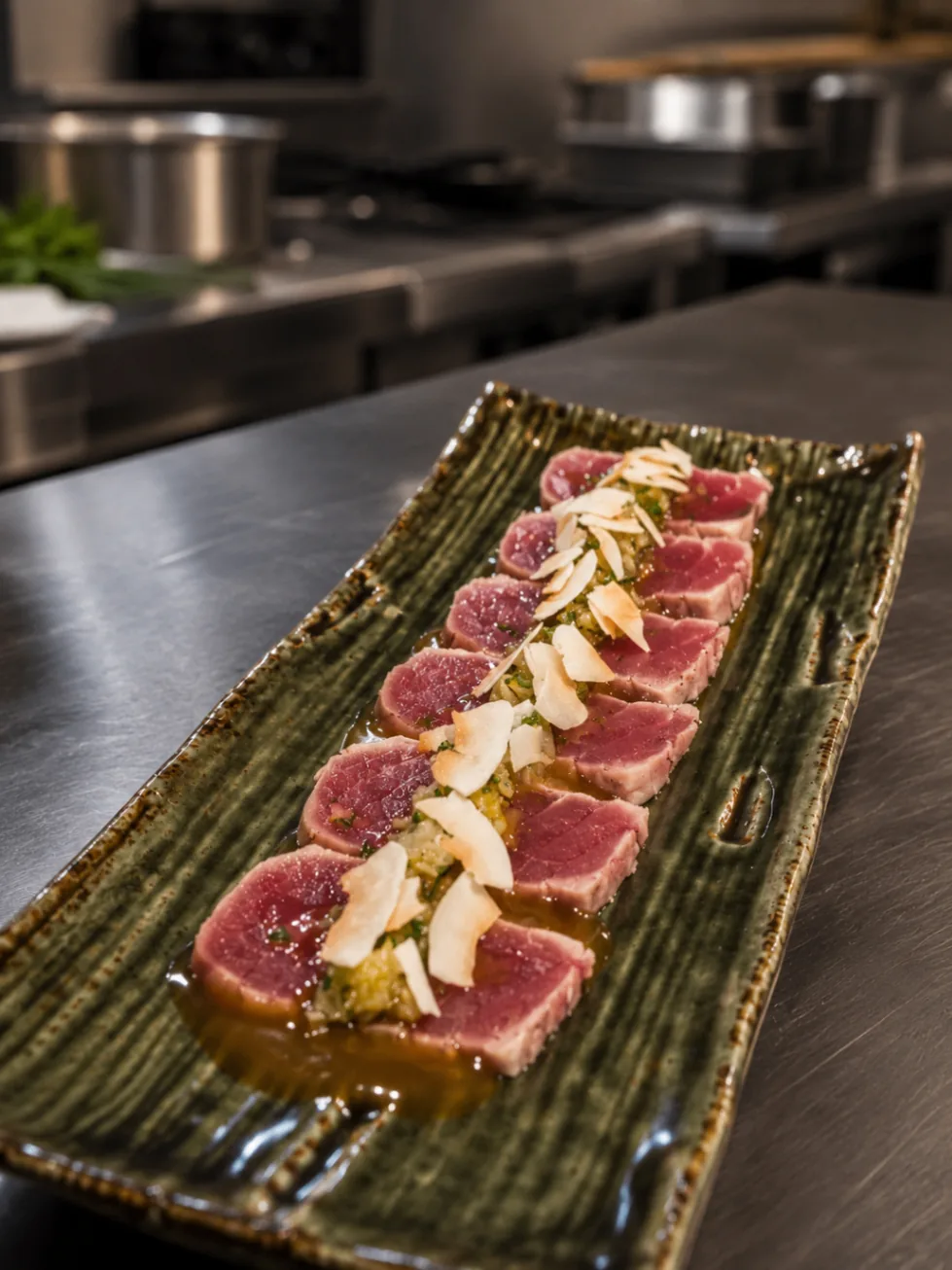 Seared tuna tataki with almond flakes and citrus dressing
