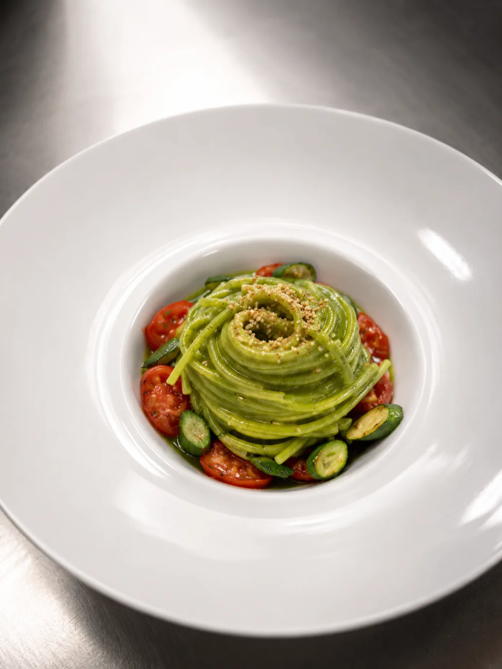Green herb spaghetti with cherry tomatoes and baby zucchini
