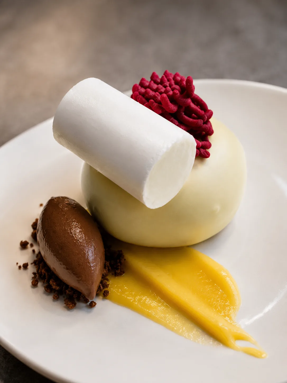 White chocolate dome dessert with chocolate quenelle and mango cream