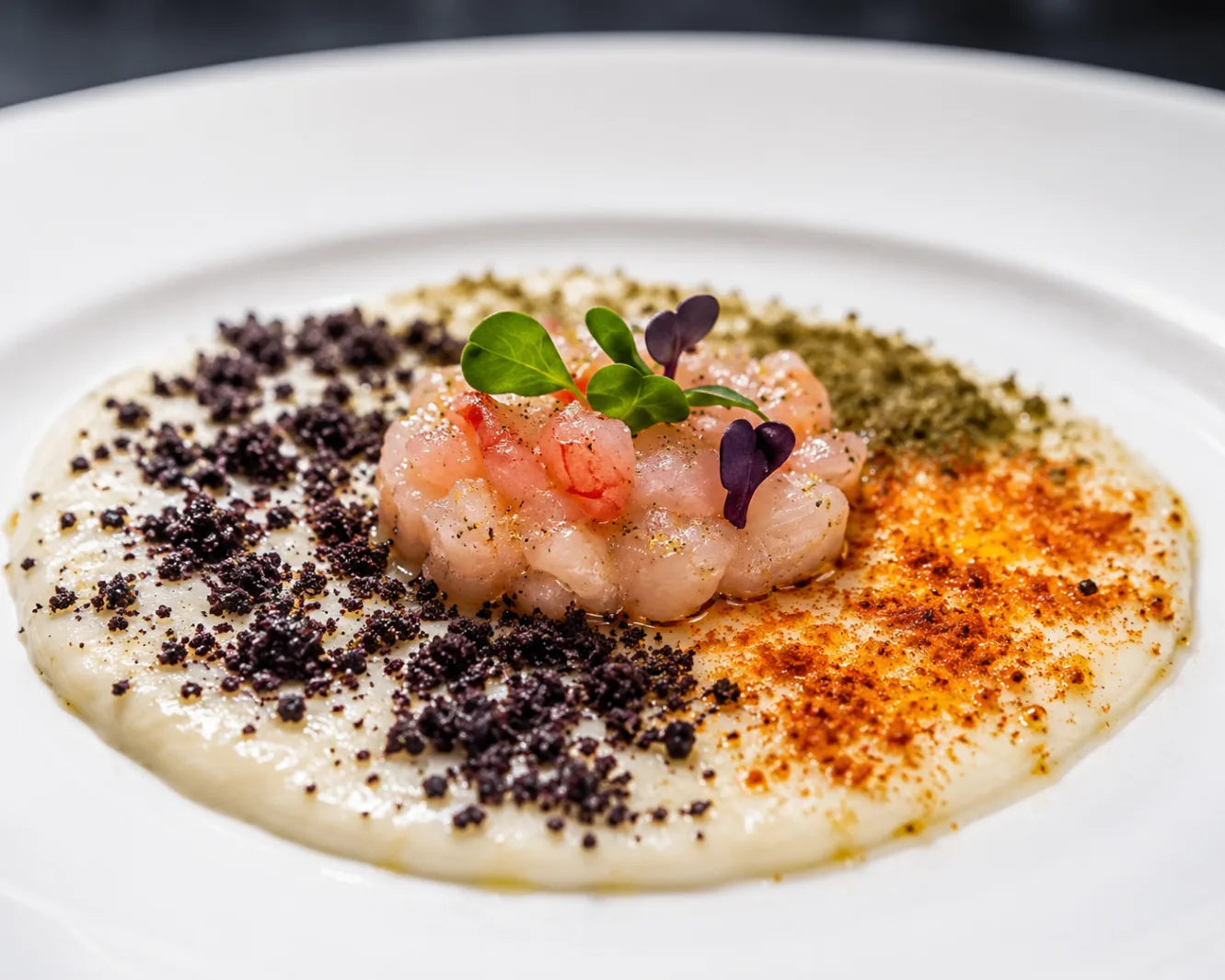 Sweet prawn tartare with olive crumb and spiced powders