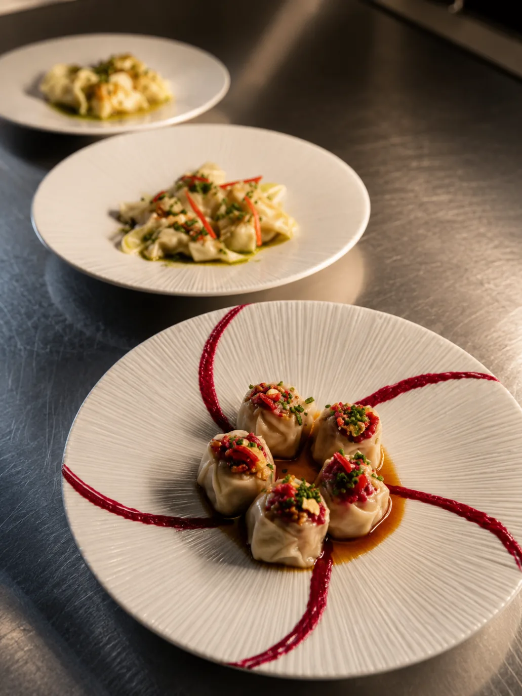 Trio of handmade dumplings with beetroot sauce and chive
