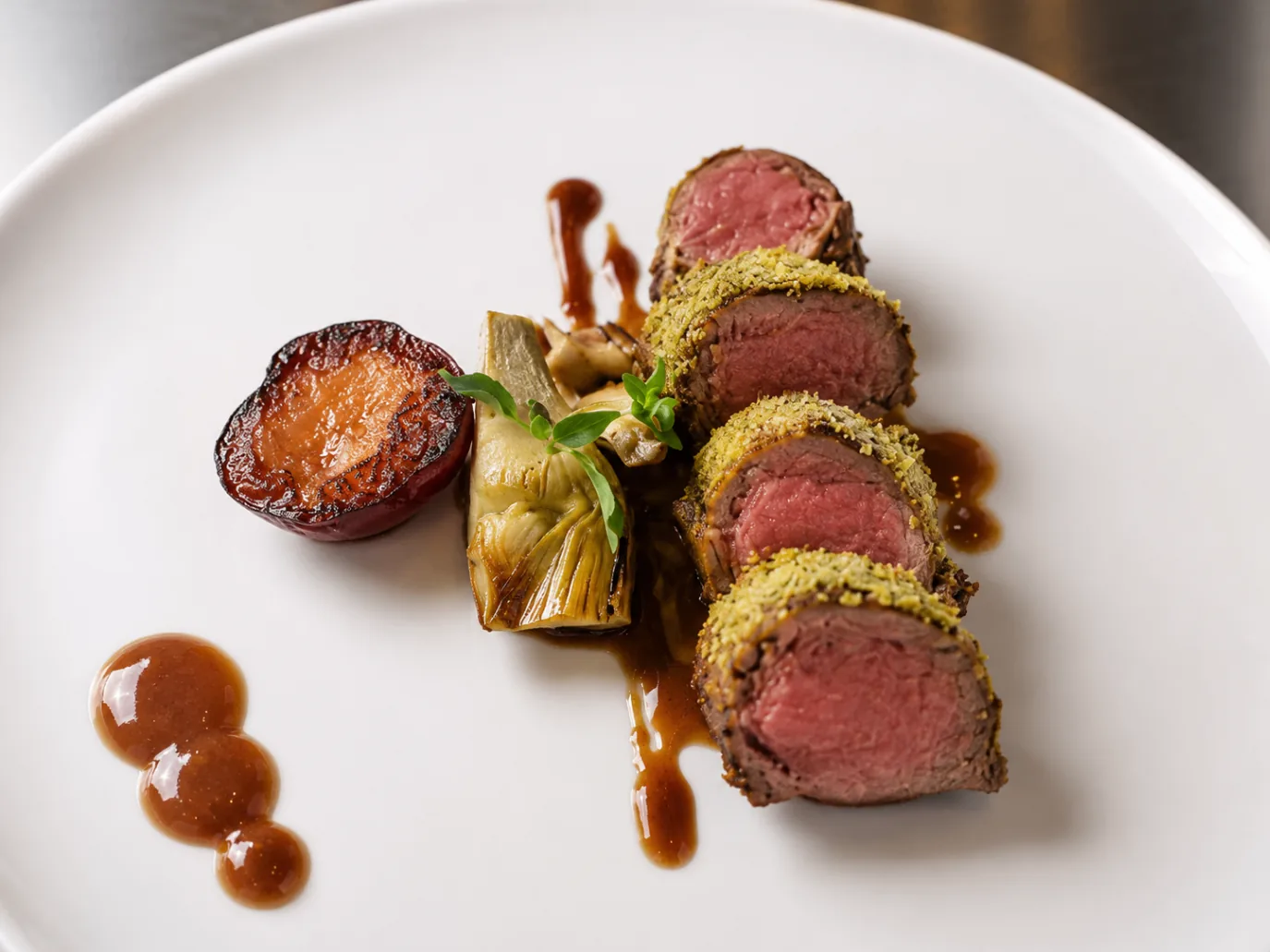 Beef tenderloin with artichoke and roasted plum
