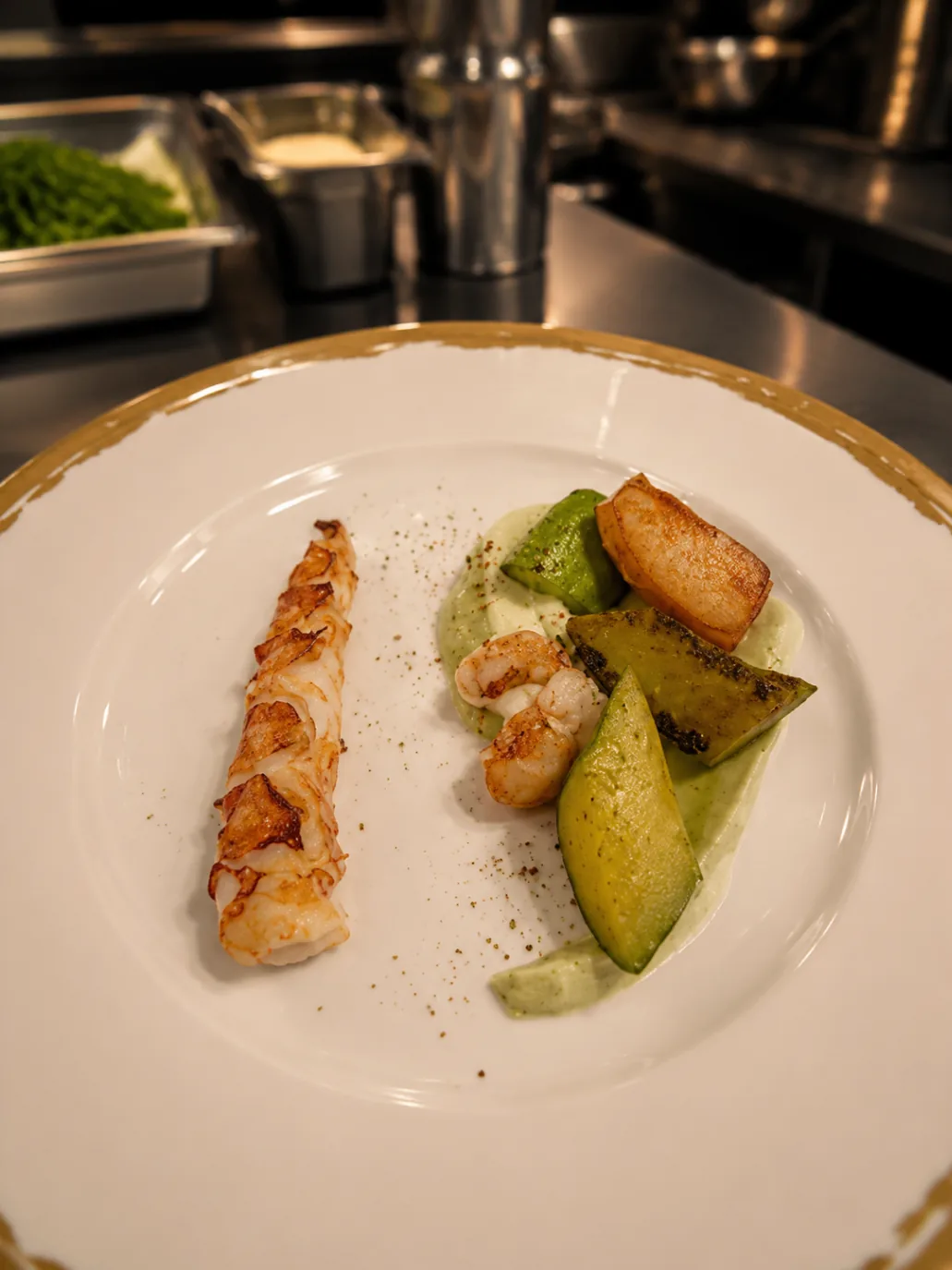 Langoustine with green vegetables and herb cream