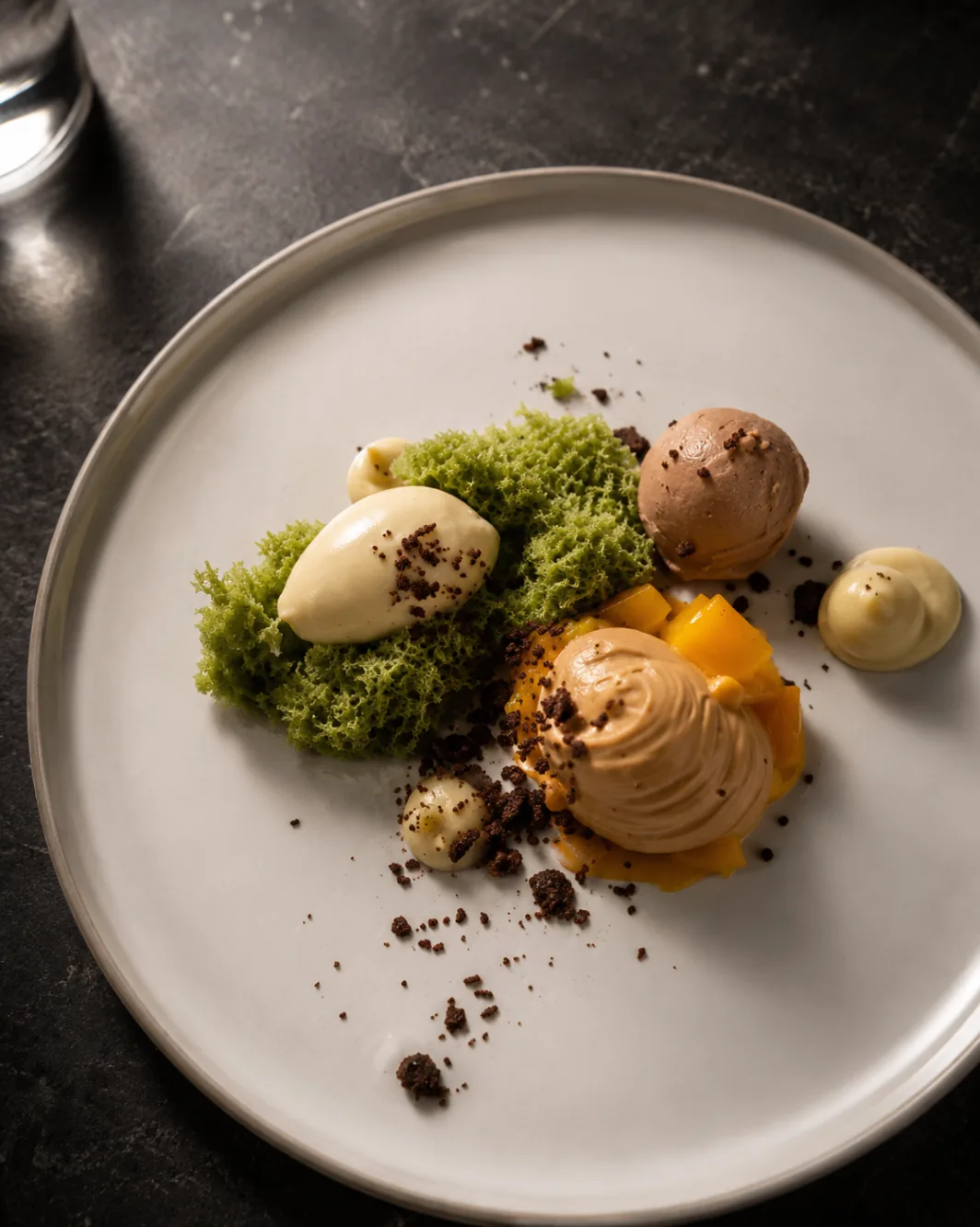 Chocolate mousse with pistachio sponge, mango, and gelato