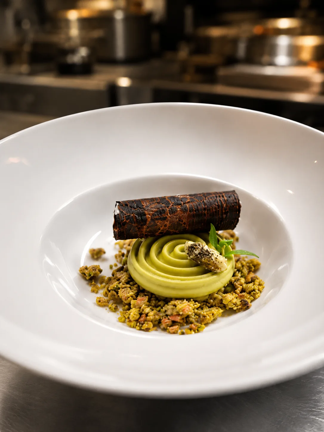 Pistachio cream with cocoa tuile and crumble