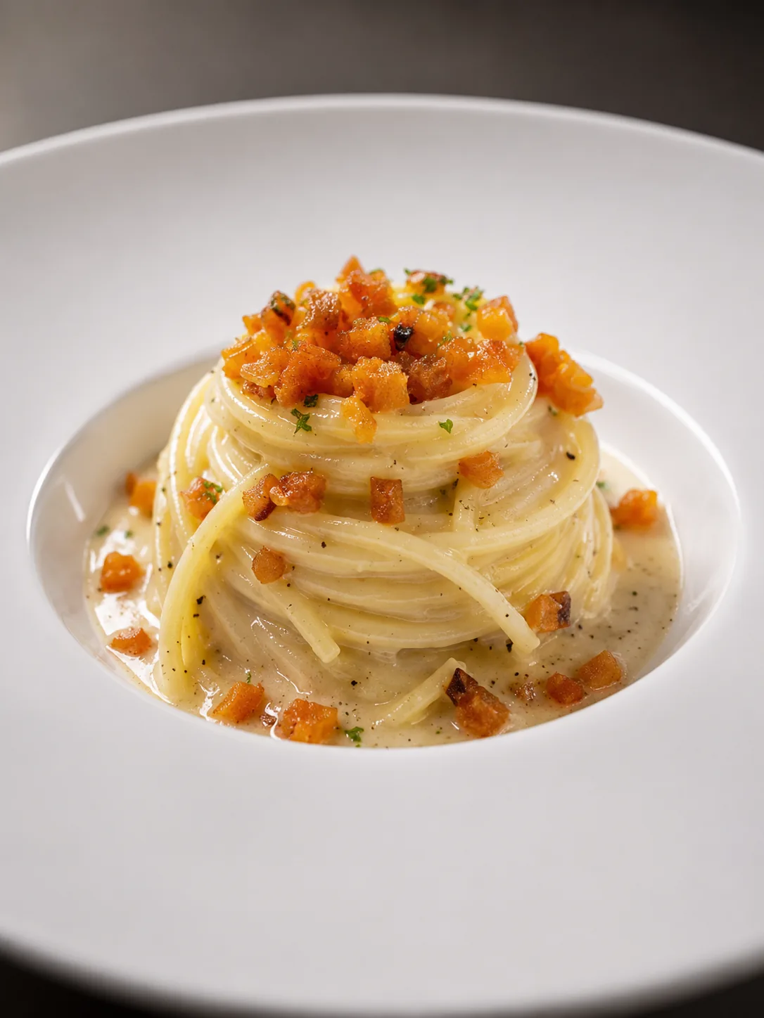 Spaghetti with creamy pecorino and crispy guanciale
