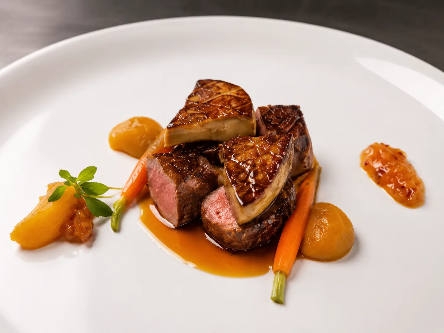 Beef tenderloin with foie gras, carrots, and apricot sauce
