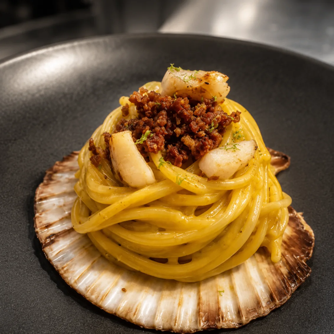 Spaghetti with scallops and bottarga in a scallop shell