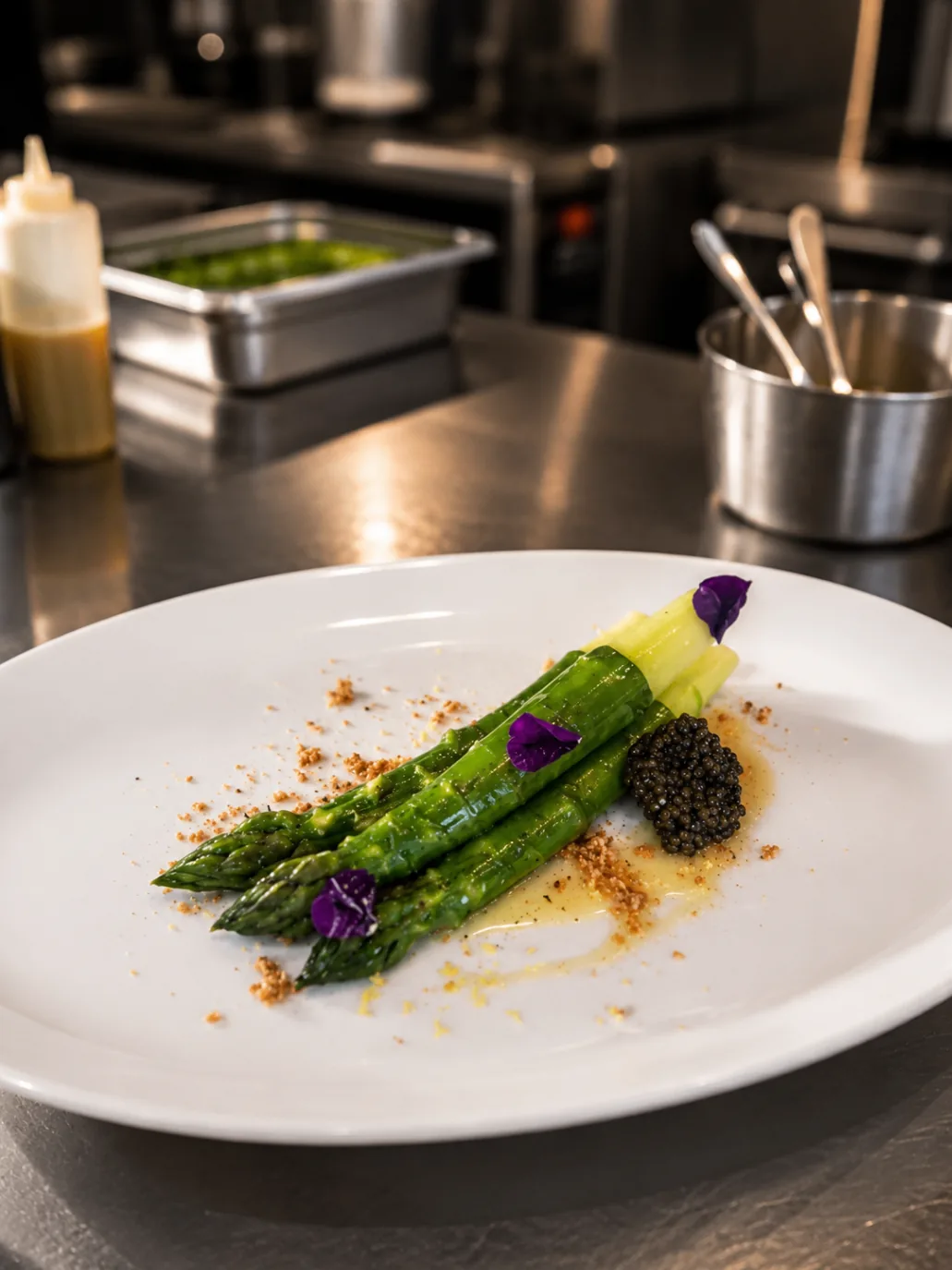 Asparagus with caviar, citrus, and violet petals