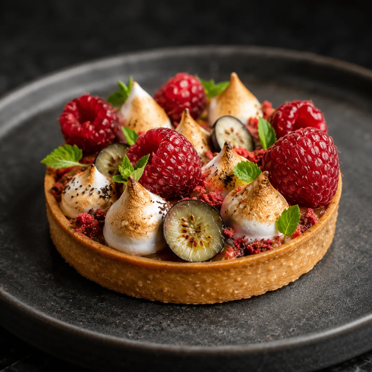 Raspberry tart with torched meringue and sliced grapes