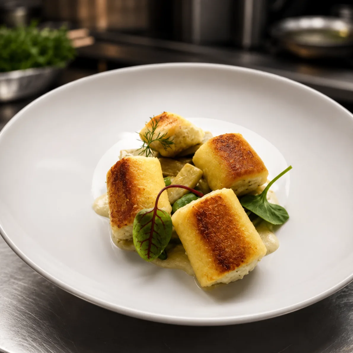 Golden pan-seared semolina gnocchi with herb velouté