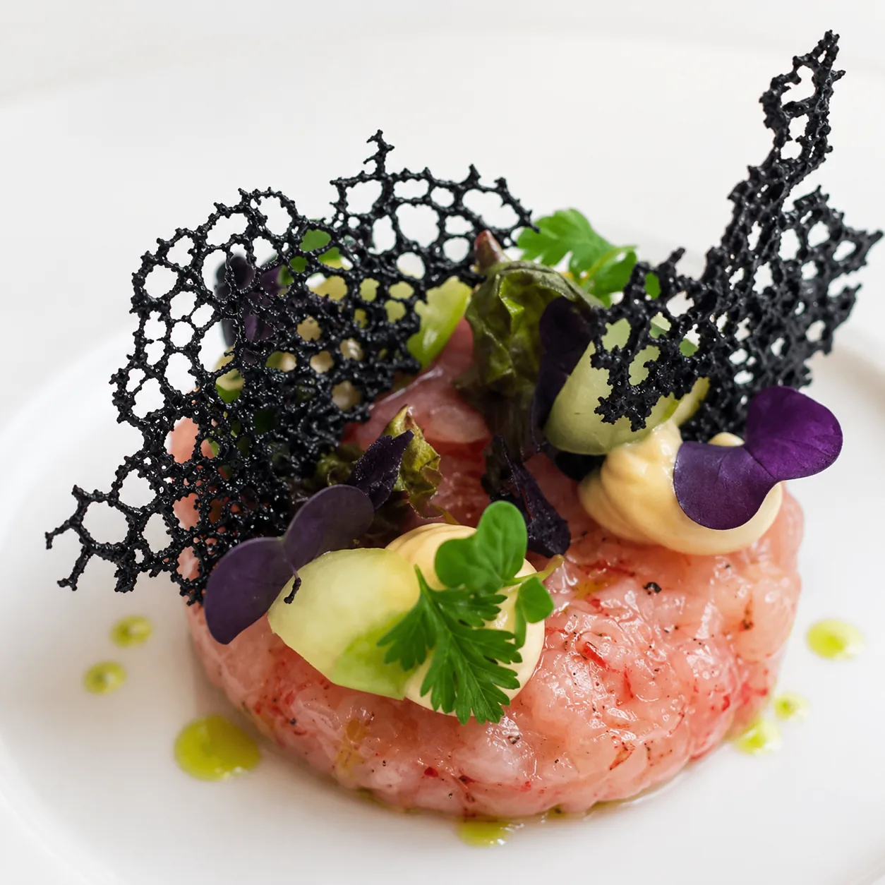Red prawn tartare with squid ink tuile and micro herbs